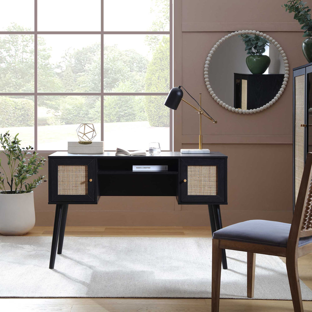 Frances Woven Rattan 2-Door Desk, Black | daals