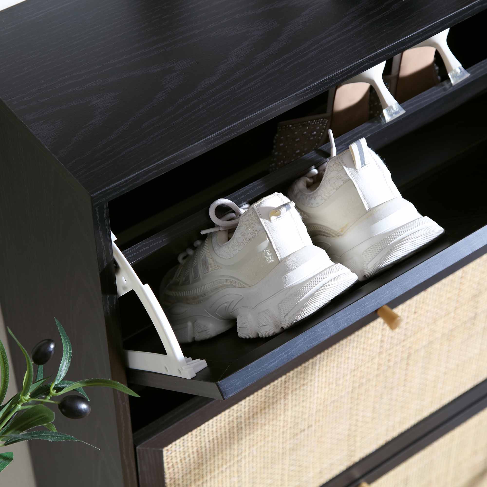 Frances Rattan 3 Tier Shoe Storage Cabinet, Black