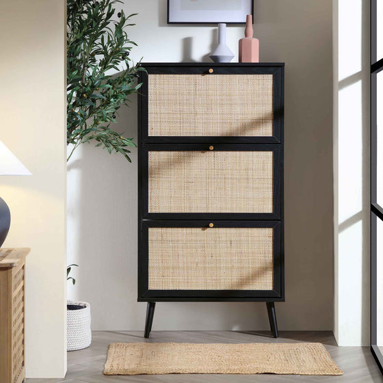 Frances Rattan 3 Tier Shoe Storage Cabinet, Black