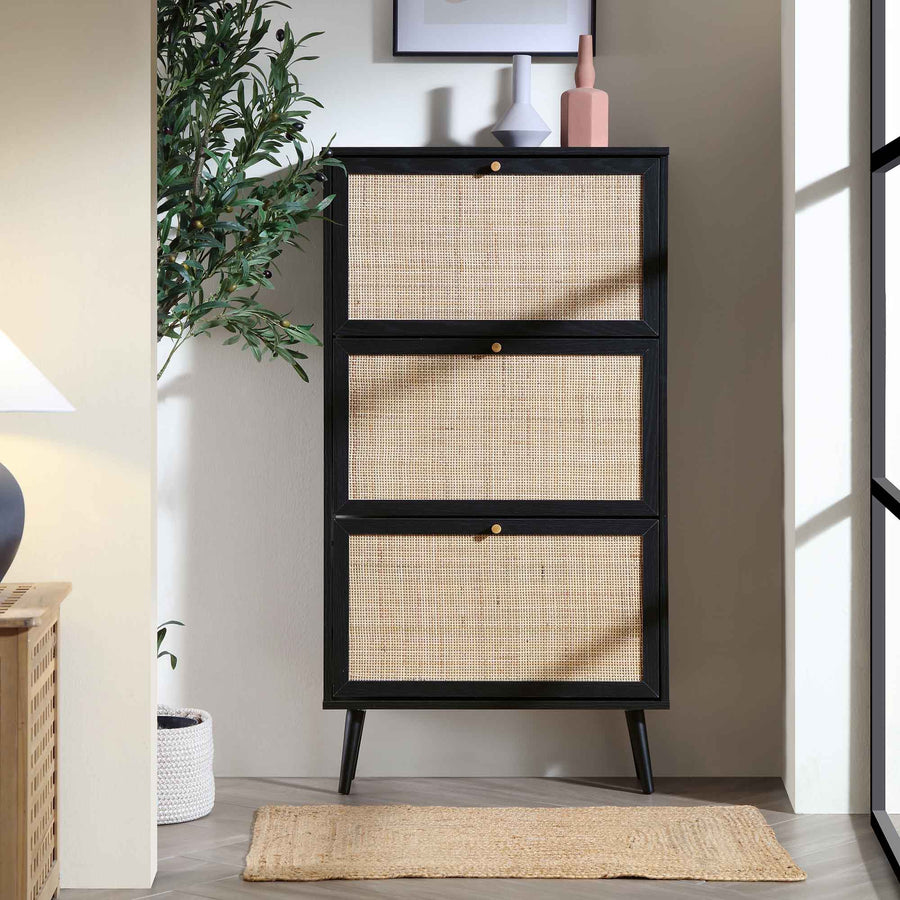 Frances Rattan 3 Tier Shoe Storage Cabinet, Black - daals