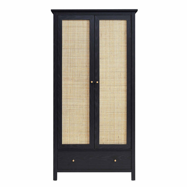 Frances Rattan Double Wardrobe with 1 Drawer, Black