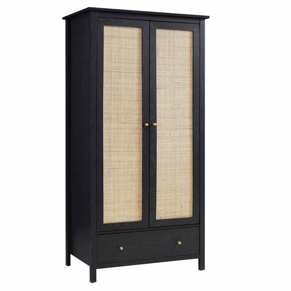 Frances Rattan Double Wardrobe with 1 Drawer, Black