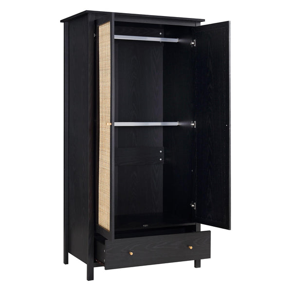 Frances Rattan Double Wardrobe with 1 Drawer, Black