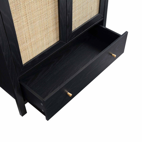 Frances Rattan Double Wardrobe with 1 Drawer, Black | daals
