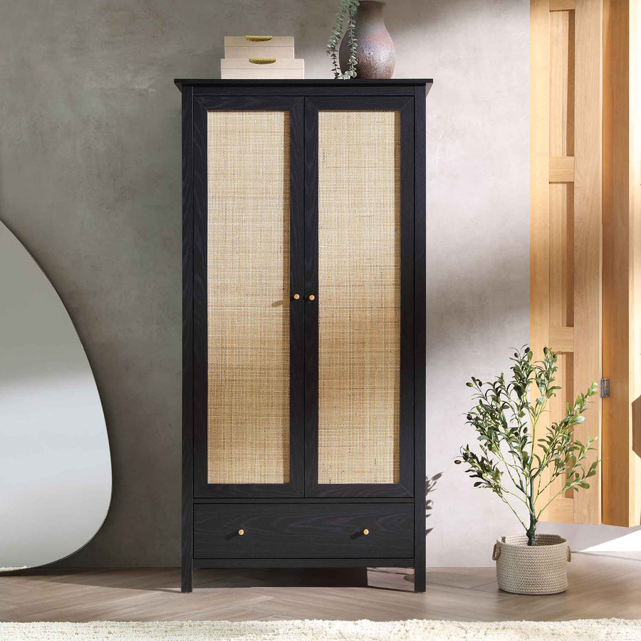 Frances Rattan Double Wardrobe with 1 Drawer, Black