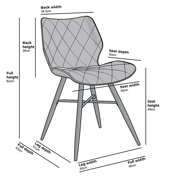Set of 2 Ampney Diamond Stitch Light Grey Velvet Dining Chair Set of 2 with Metal Legs
