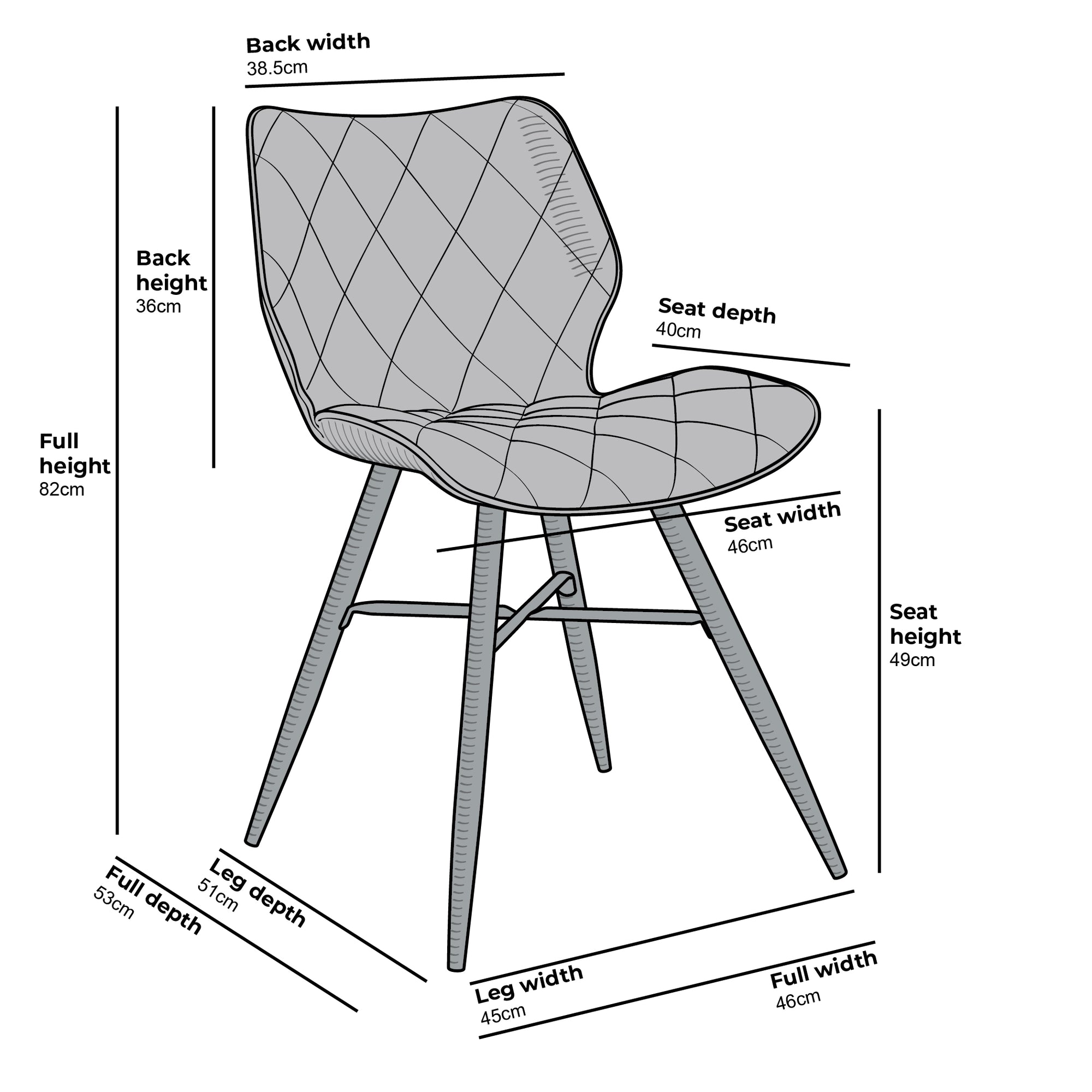 Set of 2 Ampney Velvet Diamond Stitch Dining Chairs with Metal Legs (Dark Grey Velvet)