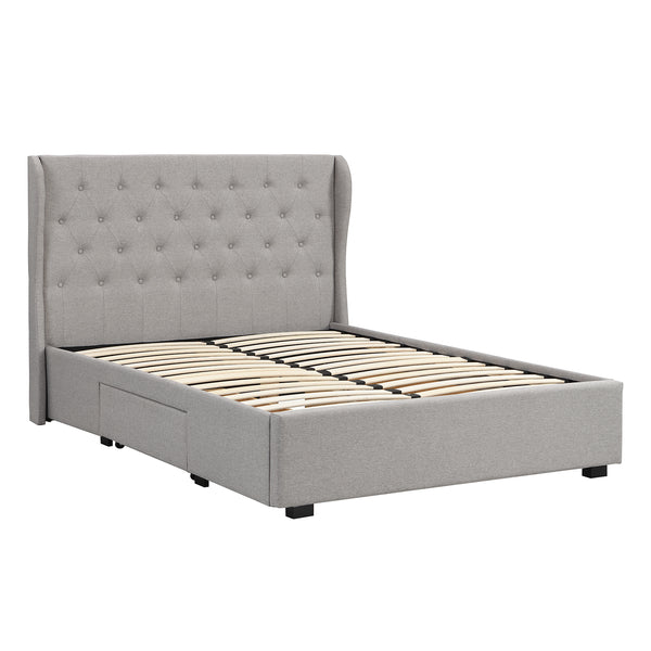 Weston Buttoned Wing Back Upholstered 2-Drawer Storage Bed (Grey Fabric)