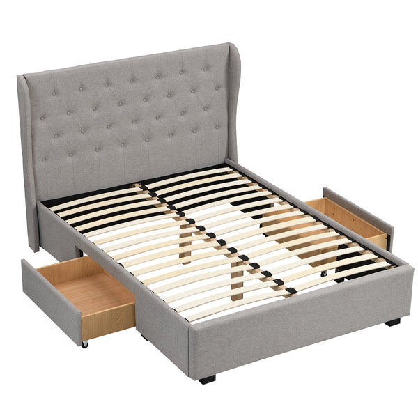 Weston Buttoned Wing Back Upholstered 2-Drawer Storage Bed (Grey Fabric)
