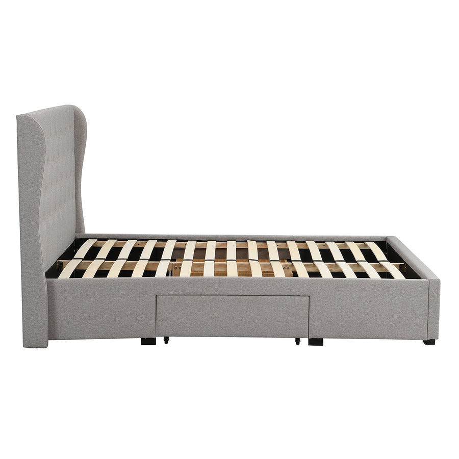 Weston Buttoned Wing Back Upholstered 2-Drawer Storage Bed (Grey Fabric)
