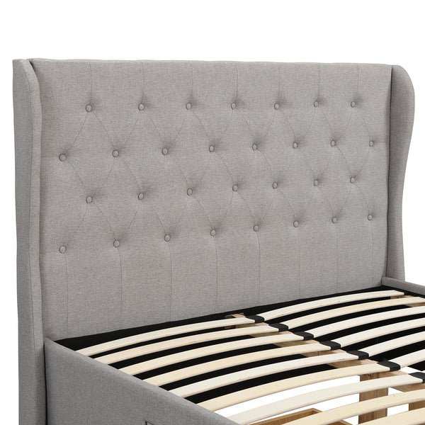 Weston Buttoned Wing Back Upholstered 2-Drawer Storage Bed (Grey Fabric)