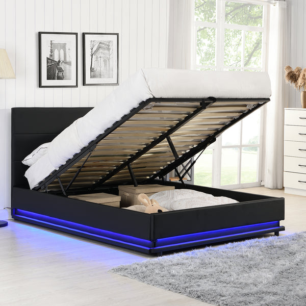 Buxton Faux Leather End Opening Ottoman Storage Bed Frame with Muti-colour LED Light Strip (Black PU)