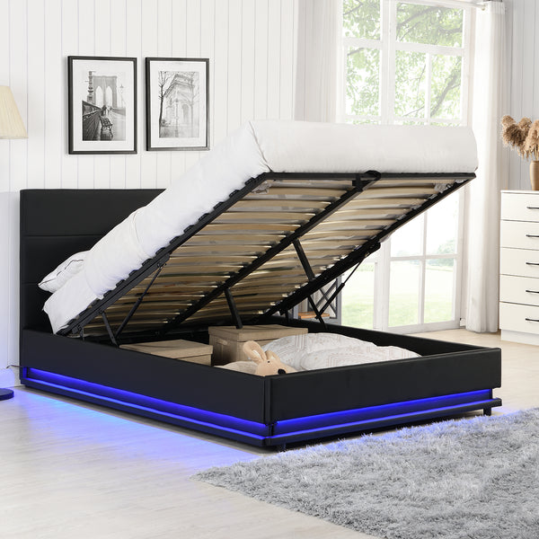 Buxton Faux Leather End Opening Ottoman Storage Bed Frame with Multi-colour LED Light Strip (Black PU)
