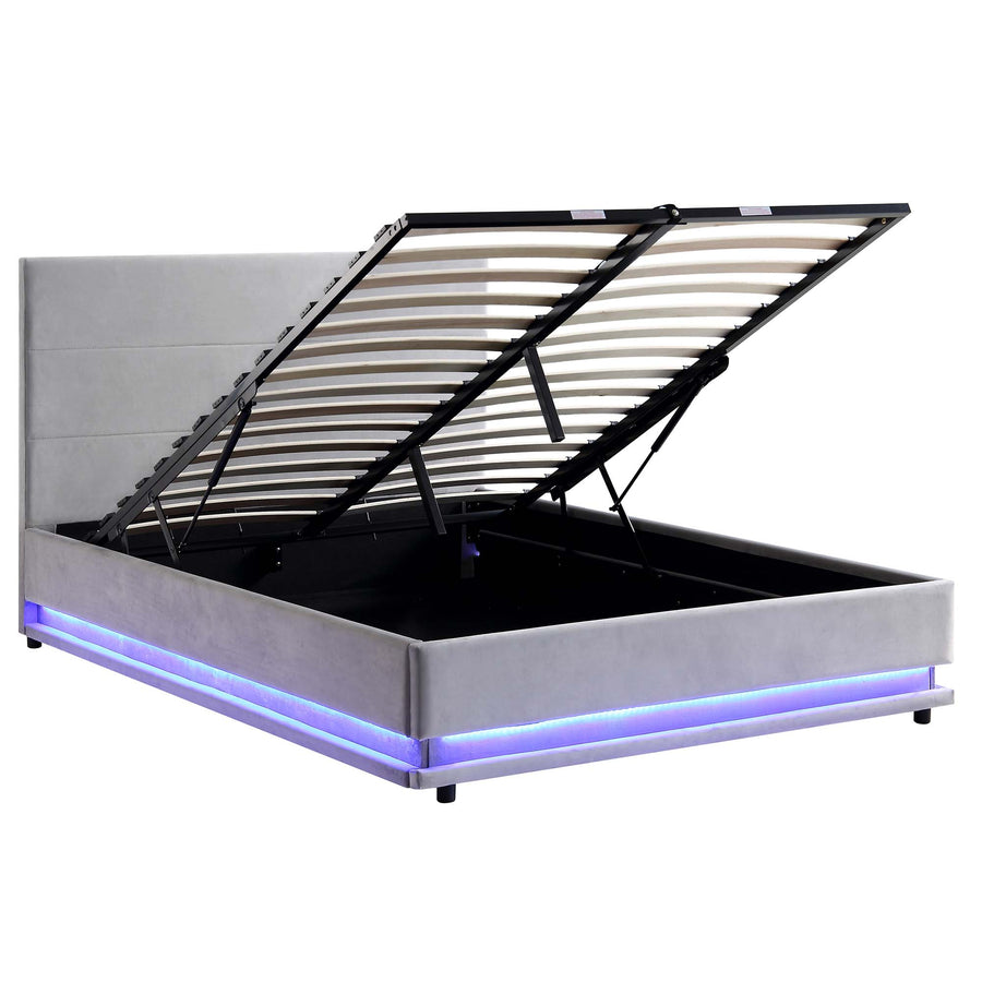 Buxton End Opening Ottoman Storage Bed Frame with Multi - colour LED Light Strip (Light Grey Velvet) - daals