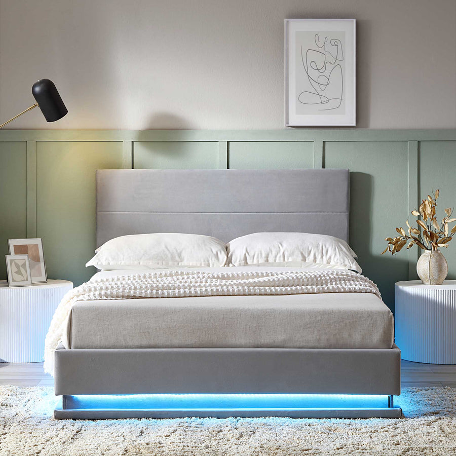 Buxton End Opening Ottoman Storage Bed Frame with Multi - colour LED Light Strip (Light Grey Velvet) - daals