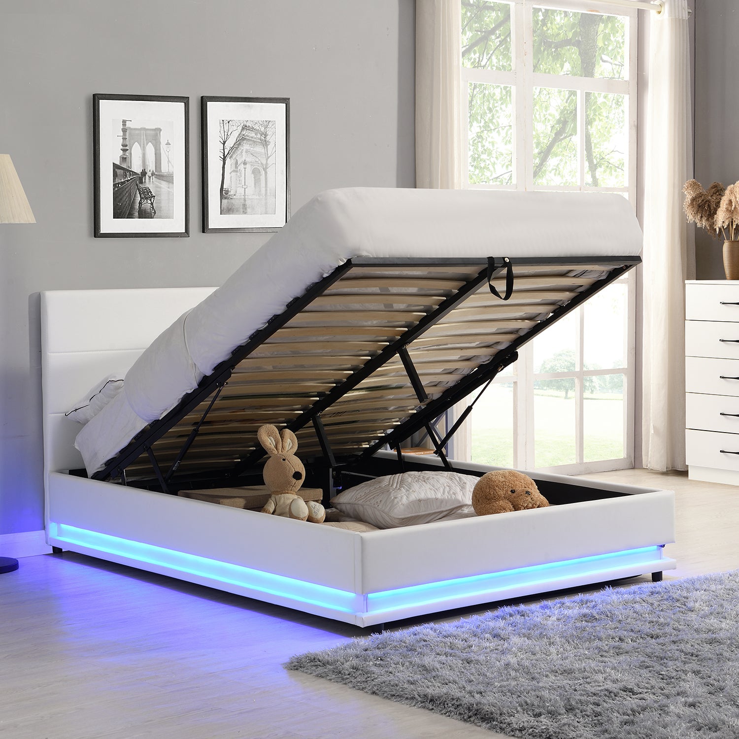 Buxton Faux Leather End Opening Ottoman Storage Bed Frame with Muti-colour LED Light Strip (White PU)