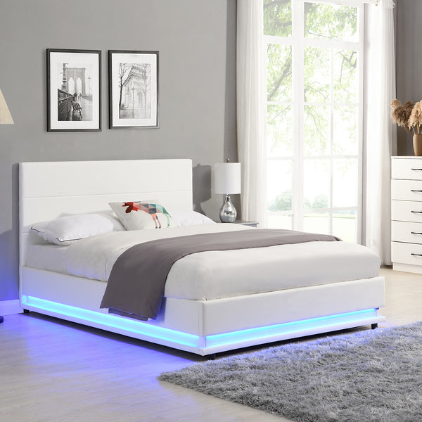 Buxton Faux Leather End Opening Ottoman Storage Bed Frame with Muti-colour LED Light Strip (White PU)