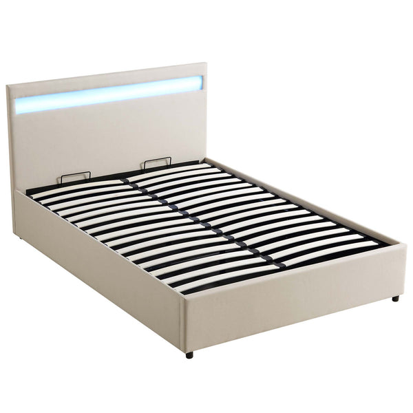 Pimlico End Opening Ottoman Storage Bed Frame with Multi-colour LED Headboard (Beige Fabric)