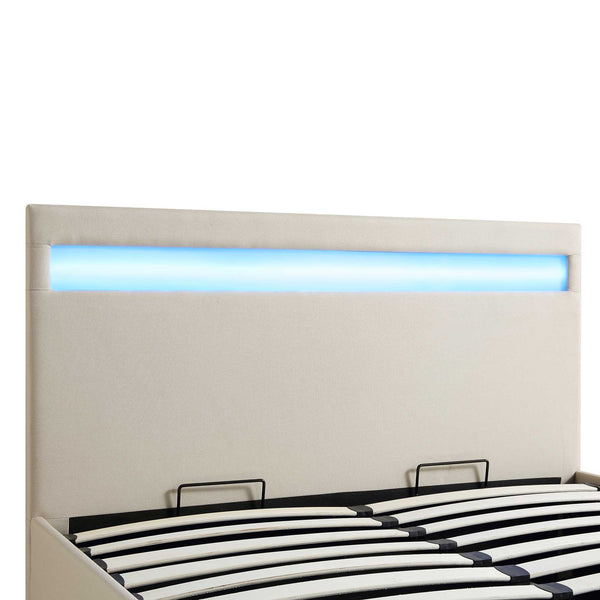 Pimlico End Opening Ottoman Storage Bed Frame with Multi-colour LED Headboard (Beige Fabric)