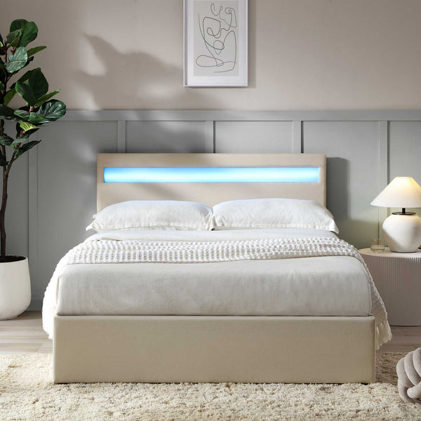 Pimlico End Opening Ottoman Storage Bed Frame with Multi-colour LED Headboard (Beige Fabric)
