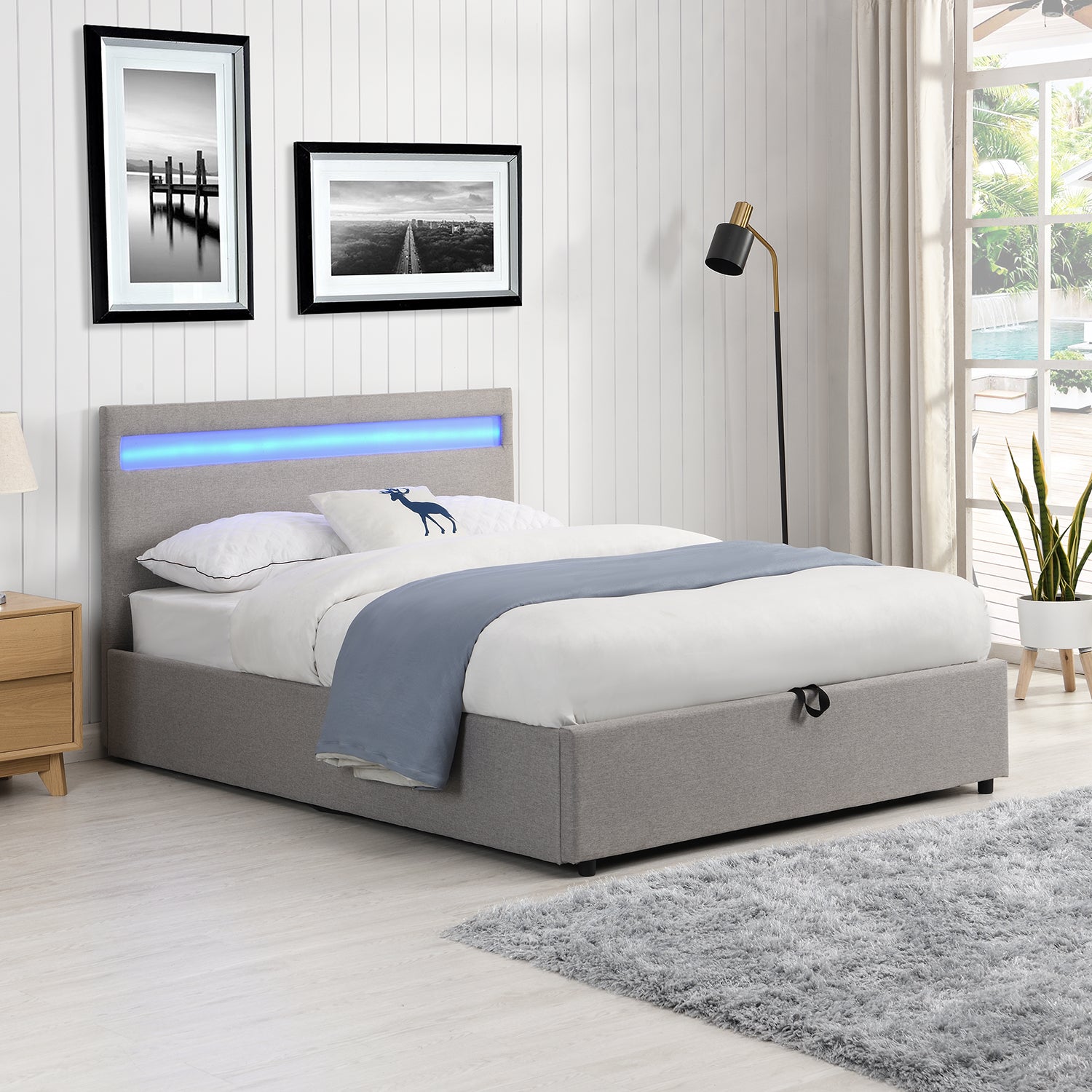 Pimlico End Opening Ottoman Storage Bed Frame with Muti-colour LED Headboard (Grey Fabric)