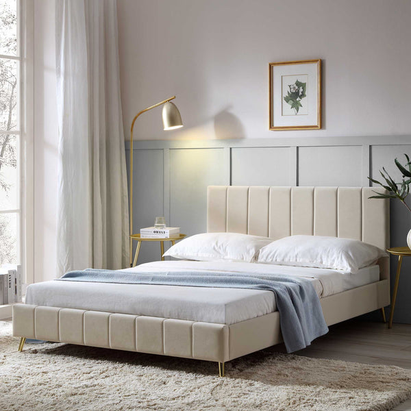 Sylvie Velvet Upholstered Bed Frame with Golden Chrome Legs, Champagne Velvet