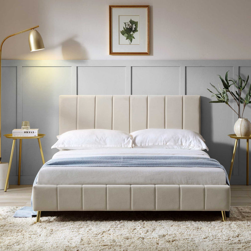 Sylvie Velvet Upholstered Bed Frame with Golden Chrome Legs, Champagne Velvet