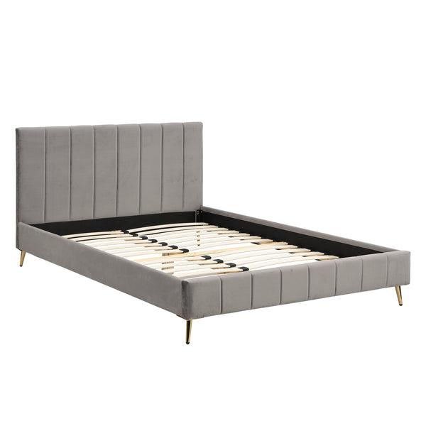 Sylvie Velvet Upholstered Bed Frame with Golden Chrome Legs (Grey)