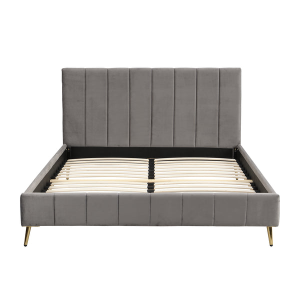 Sylvie Velvet Upholstered Bed Frame with Golden Chrome Legs (Grey)