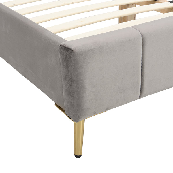Sylvie Velvet Upholstered Bed Frame with Golden Chrome Legs (Grey)