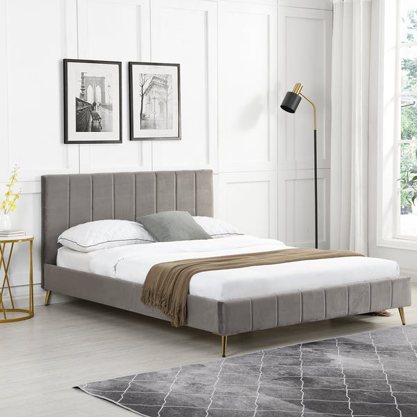 Sylvie Velvet Upholstered Bed Frame with Golden Chrome Legs (Grey)