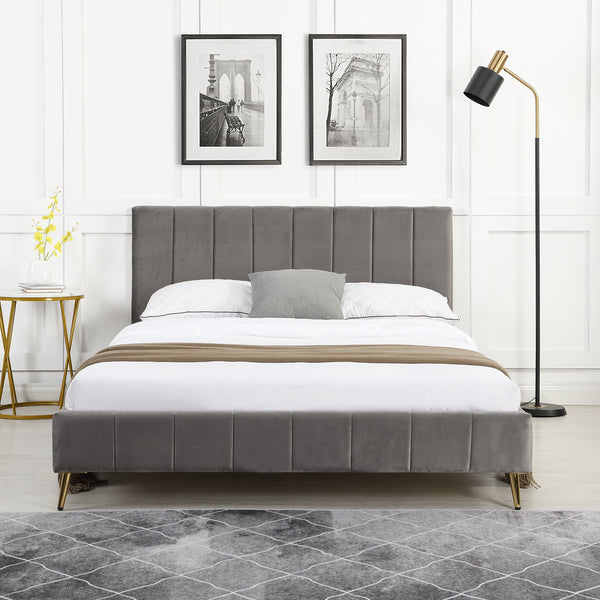 Sylvie Velvet Upholstered Bed Frame with Golden Chrome Legs (Grey)