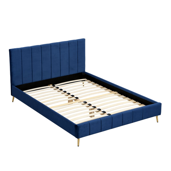 Sylvie Velvet Upholstered Bed Frame with Golden Chrome Legs, Navy Velvet - daals