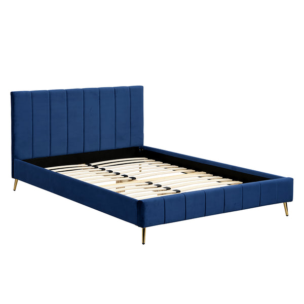 Sylvie Velvet Upholstered Bed Frame with Golden Chrome Legs, Navy Velvet - daals