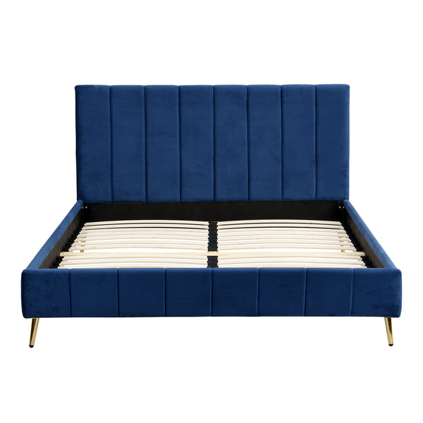 Sylvie Velvet Upholstered Bed Frame with Golden Chrome Legs, Navy Velvet - daals