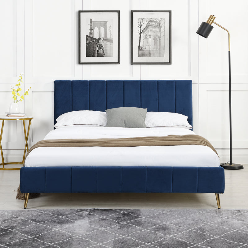 Sylvie Velvet Upholstered Bed Frame with Golden Chrome Legs, Navy Velvet