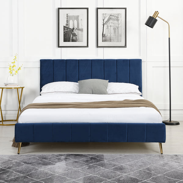 Sylvie Velvet Upholstered Bed Frame with Golden Chrome Legs, Navy Velvet - daals