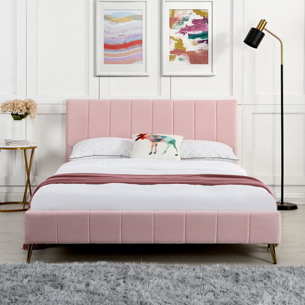 Sylvie Velvet Upholstered Bed Frame with Golden Chrome Legs, Pink Velvet