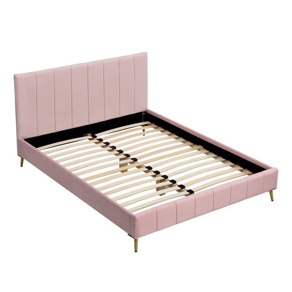 Sylvie Velvet Upholstered Bed Frame with Golden Chrome Legs, Pink Velvet