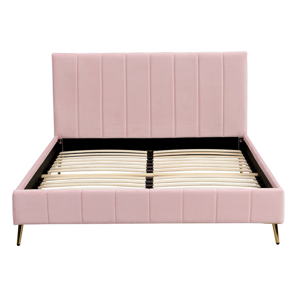 Sylvie Velvet Upholstered Bed Frame with Golden Chrome Legs, Pink Velvet