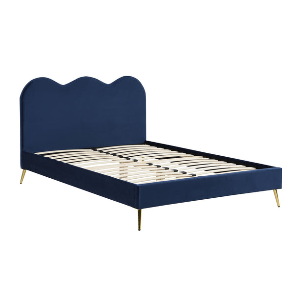 Gidea Velvet Upholstered Bed Frame with Scalloped Headboard & Golden Chrome Legs