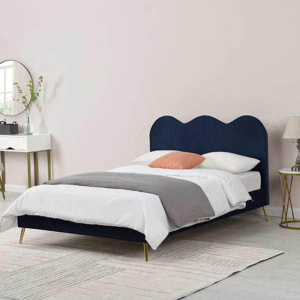 Gidea Velvet Upholstered Bed Frame with Scalloped Headboard & Golden Chrome Legs
