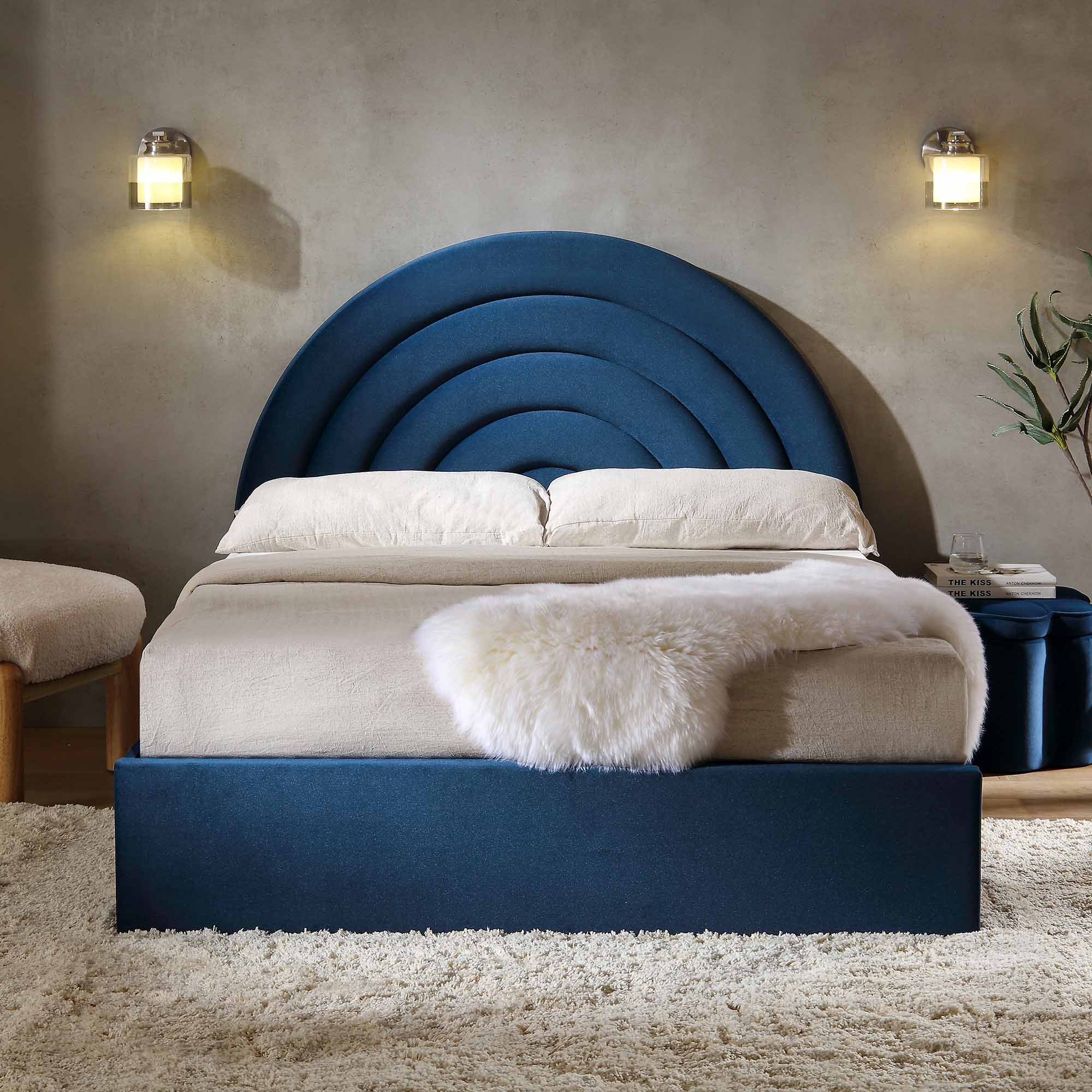 Archer Navy Blue Velvet Ottoman Storage Bed