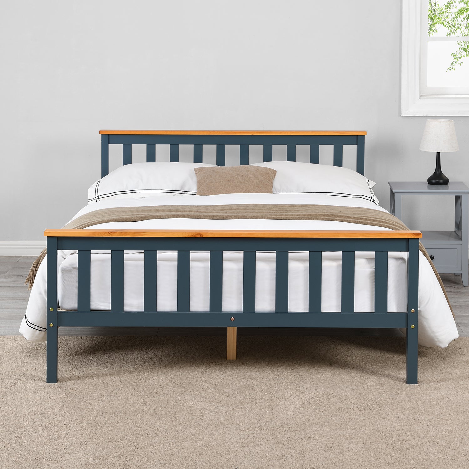 Marta Solid Wooden Shaker Style Double Bed in Blue and Oak