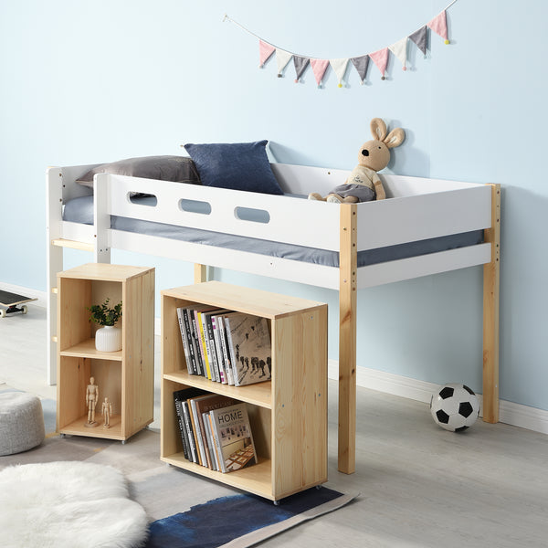 Helga White Solid Wood Mid Sleeper Kid's Cabin Bed with Storage Cabinets