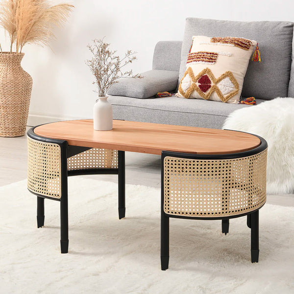 Jeanne Cane Rattan Solid Wood Oval Coffee Table