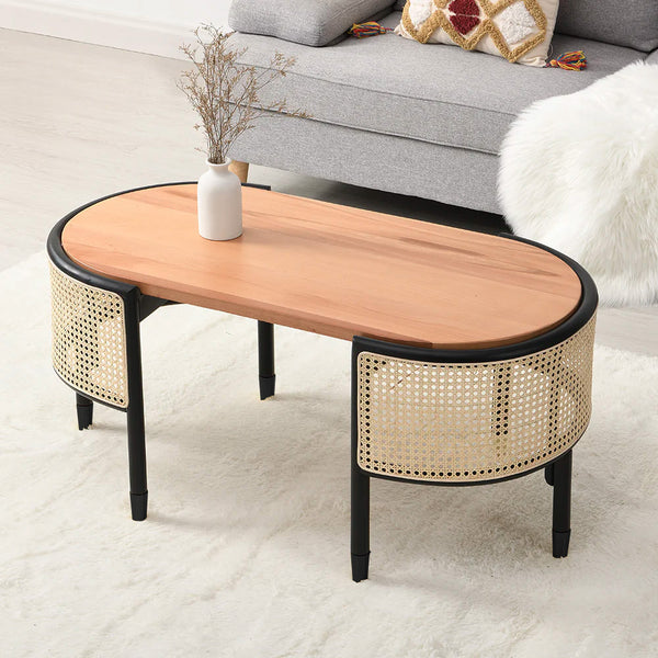 Jeanne Cane Rattan Solid Wood Oval Coffee Table