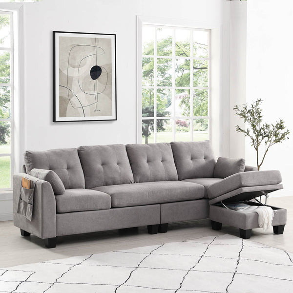 Brunswick Large 4-Seater Storage Chaise Sofa in Light Grey