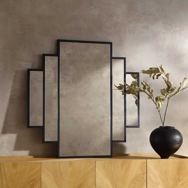Sonia Black Metal Frame Art Deco Square Wall Mirror 90 x 90 cm