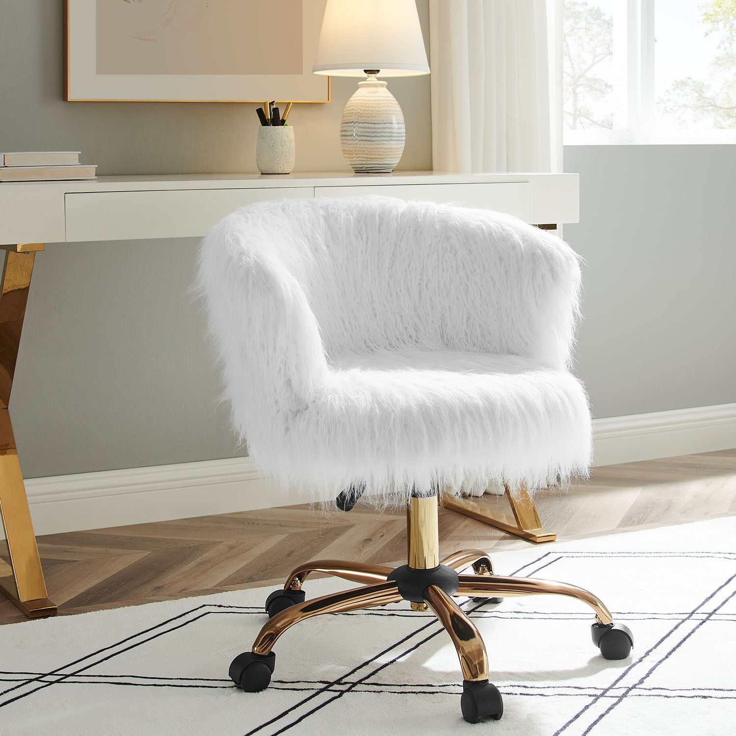 Kylie Plush Shaggy Faux Fur Swivel Chair, White daals